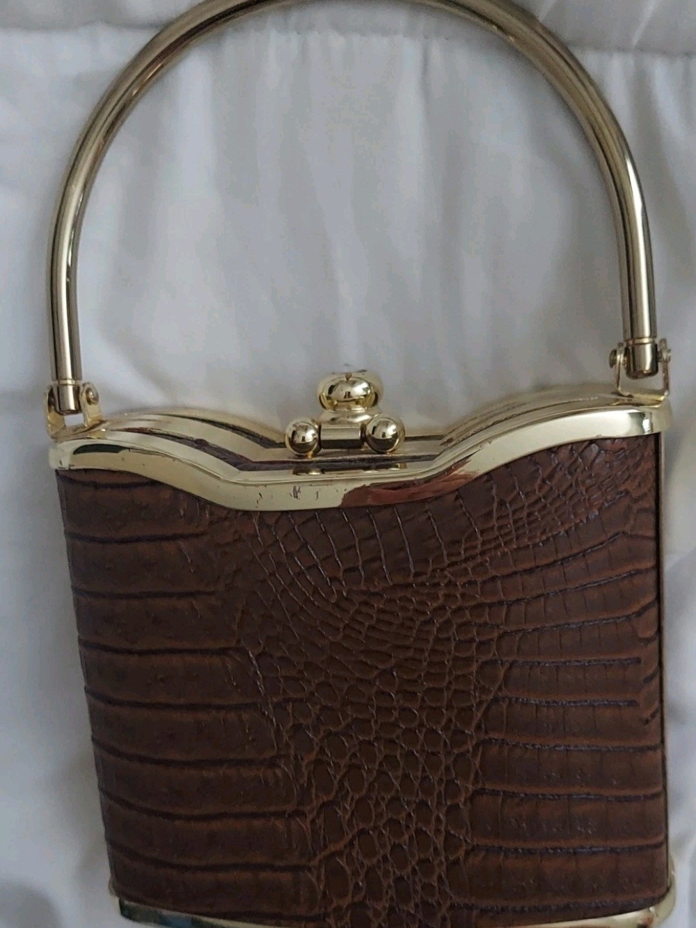 Bijoux Terner Brown Croc-Embossed Clutch with Gold Hardware